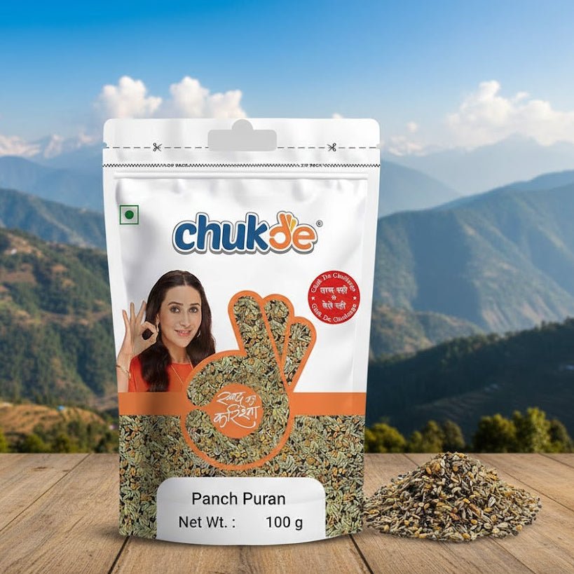 Packaged product with 'chukde' branding on a wooden surface with a mountainous background