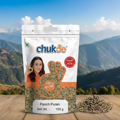 Packaged product with 'chukde' branding on a wooden surface with a mountainous background
