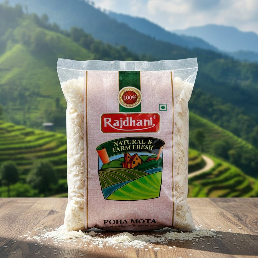 Rajdhani Poha Mota package with a scenic background of green hills.