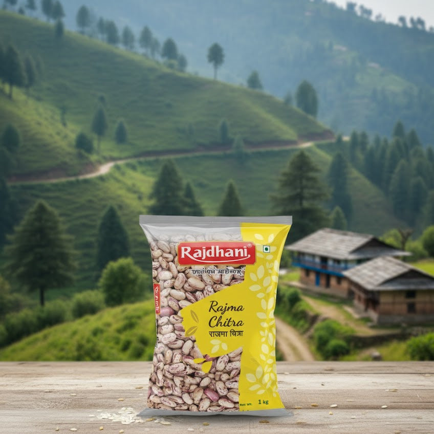 Rajdhanii Rajma Chitra package on a wooden surface with a scenic background
