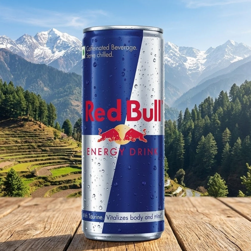 Red Bull energy drink can on a wooden surface with a mountainous landscape in the background