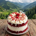 Red velvet cake with white frosting on a wooden table with a mountainous landscape in the background