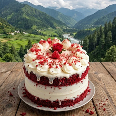 Red velvet cake with white frosting on a wooden table with a mountainous landscape in the background
