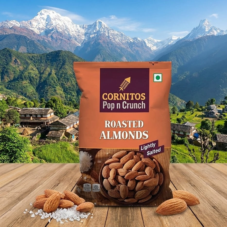 Cornitos Pop n Crunch roasted almonds package with a scenic mountain background