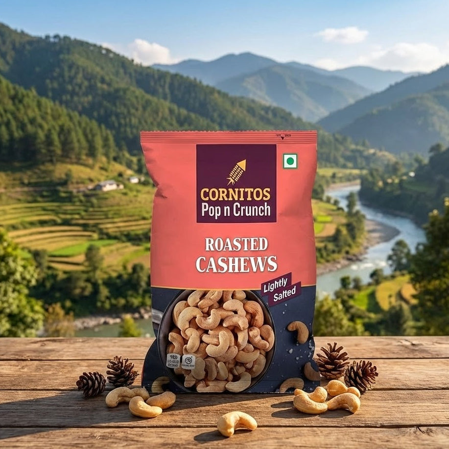 Cornitos Pop n Crunch roasted cashews package with a scenic mountain background