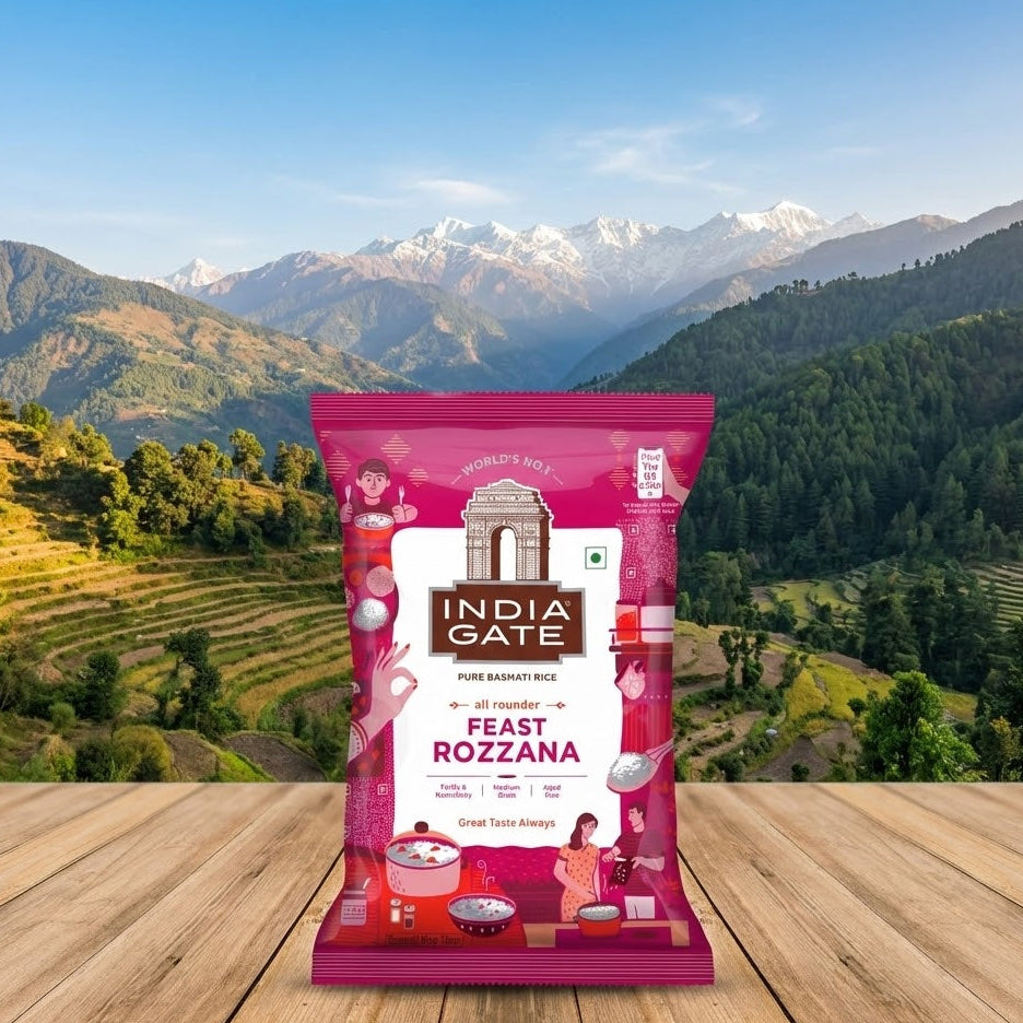 India Gate Rozzana packaging with a scenic mountain background