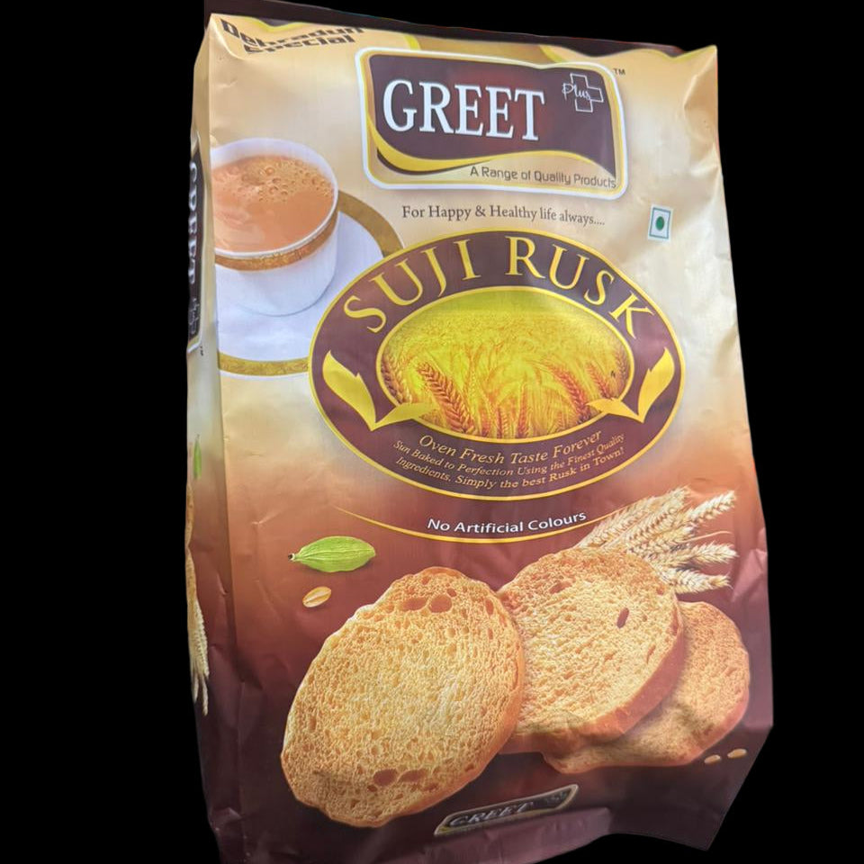 Packaged Sufi Rusk with Greet brand on a blurred background