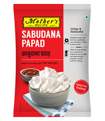 Mother's Sabudana Papad packaging with a bowl of papad on a red background