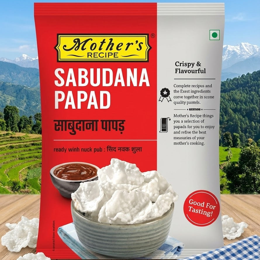 Mother's Recipe Sabudana Papad packaging with a bowl of papad on a wooden table with a scenic background.