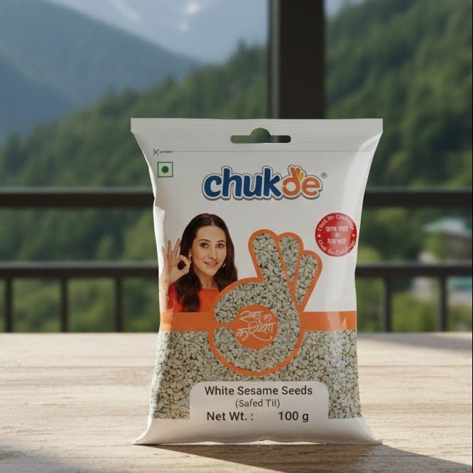 Bag of chukde white sesame seeds with a scenic mountain background