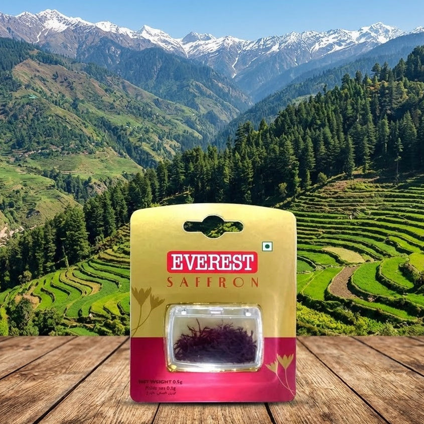 Everest Saffron packaging with a scenic mountain backdrop