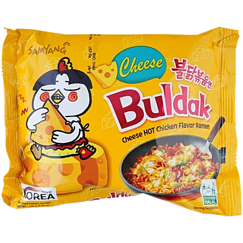 Package of Cheese Buldak Hot Chicken Flavor Ramen with cartoon character on yellow background