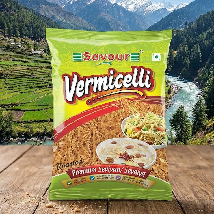 Savour Vermicelli package with a scenic mountain background