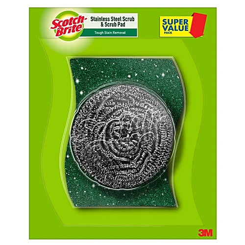 Scotch-Brite stainless steel scrub and scrub pad on a green packaging with 3M logo.