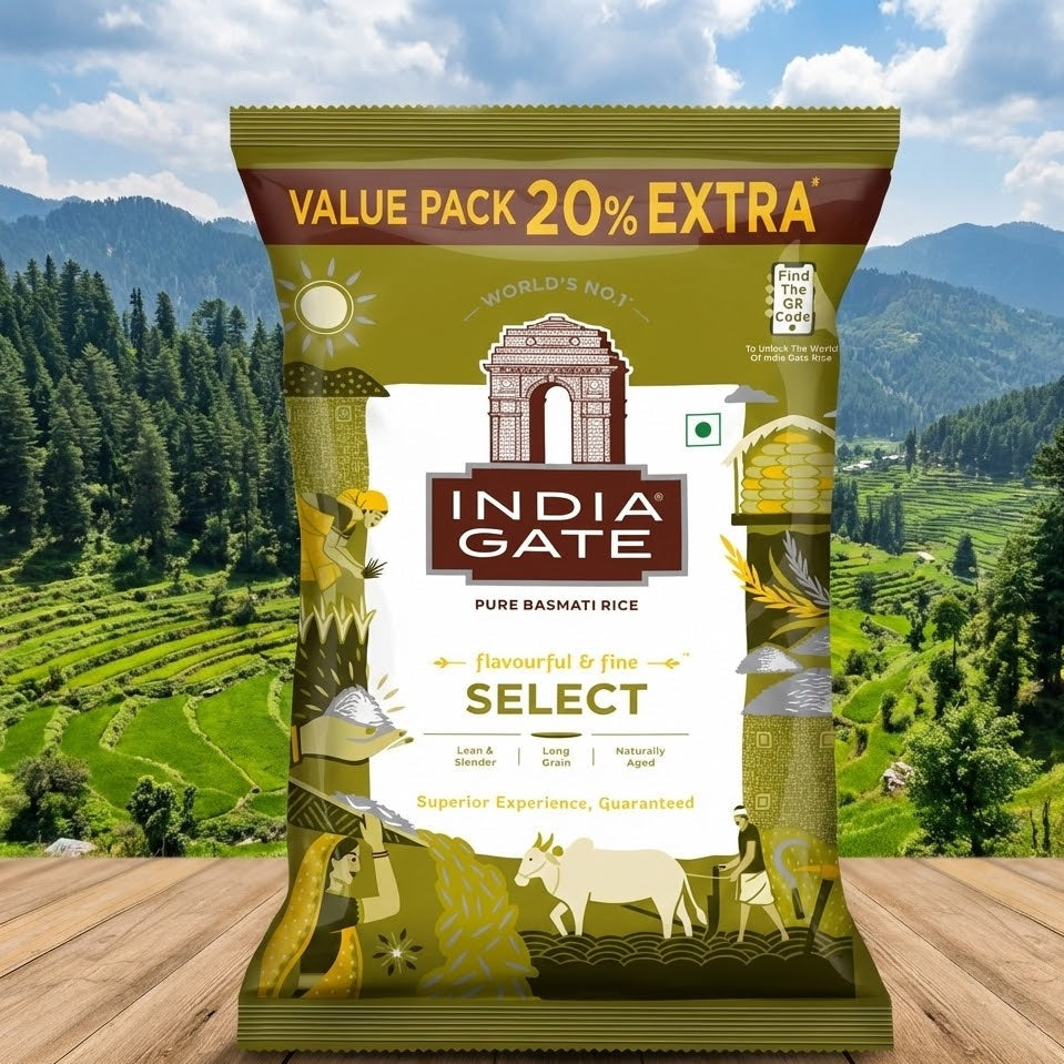 India Gate rice package with a scenic background of mountains and fields.