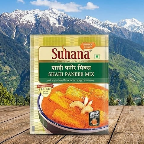 Suhana Shahi Paneer Mix packaging with a mountainous landscape in the background