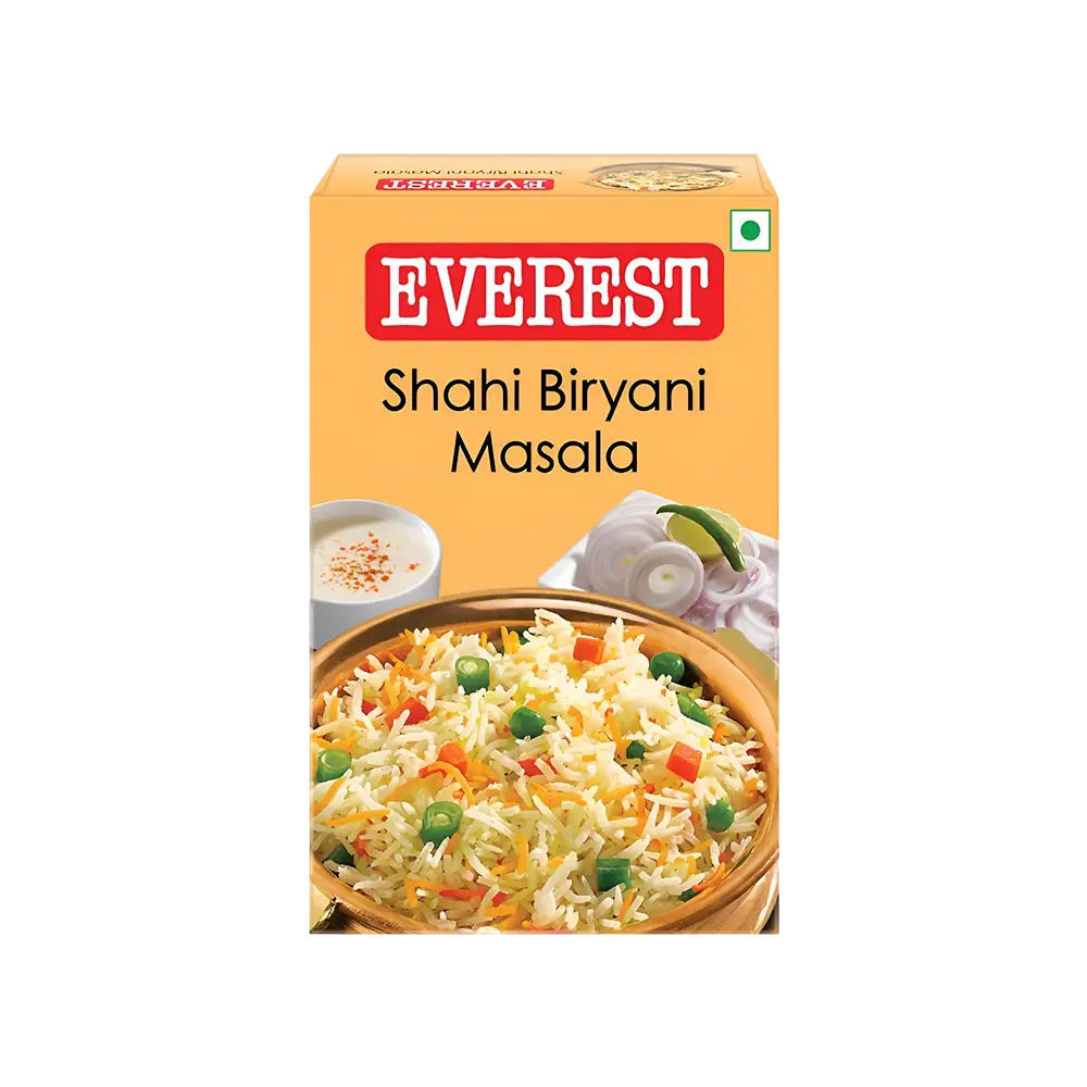 Box of Everest Shahi Biryani Masala with a bowl of biryani on a white background
