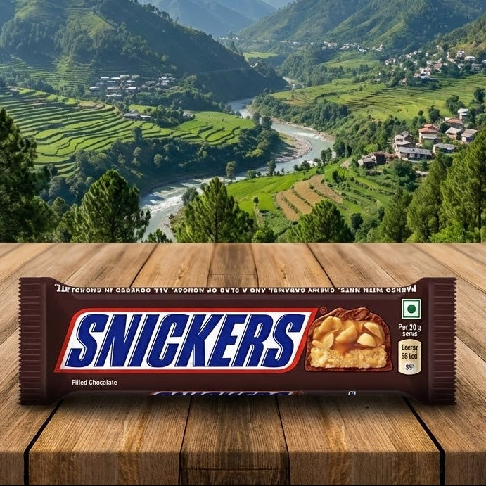Snickers bar on a wooden surface with a scenic mountain landscape in the background