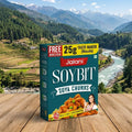 Box of Jalani Soybitt Soya Chunks with a scenic mountain backdrop