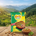 Saffola Soya Mini Chunks packaging with a scenic background of mountains and greenery.