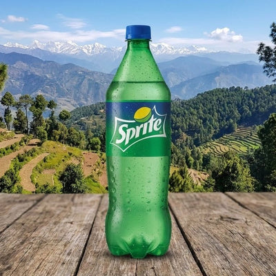 Sprite bottle on a wooden surface with a scenic mountain background