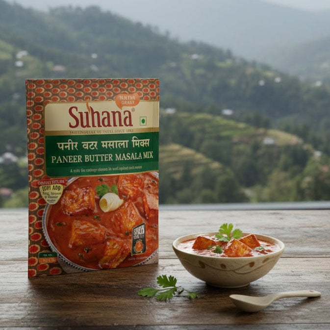 Suhana Paneer Butter Masala Mix package with a bowl of food on a wooden table with a mountainous background