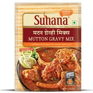 Suhana Mutton Gravy Mix packaging with an image of mutton curry on a white background