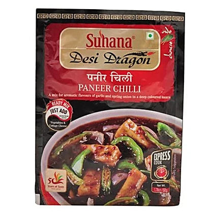 Suhana Desi Dragon Paneer Chilli spice mix packaging with a bowl of food on a white background
