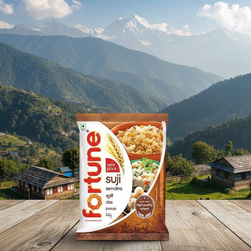 Fortune Suji package on a wooden surface with a mountainous landscape in the background