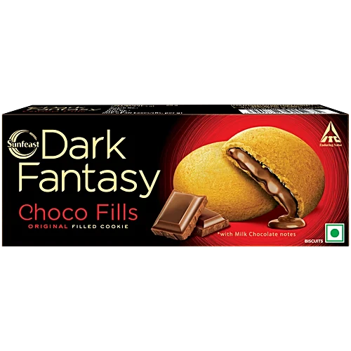Box of Sunfeast Dark Fantasy Choco Fills cookies with a red background