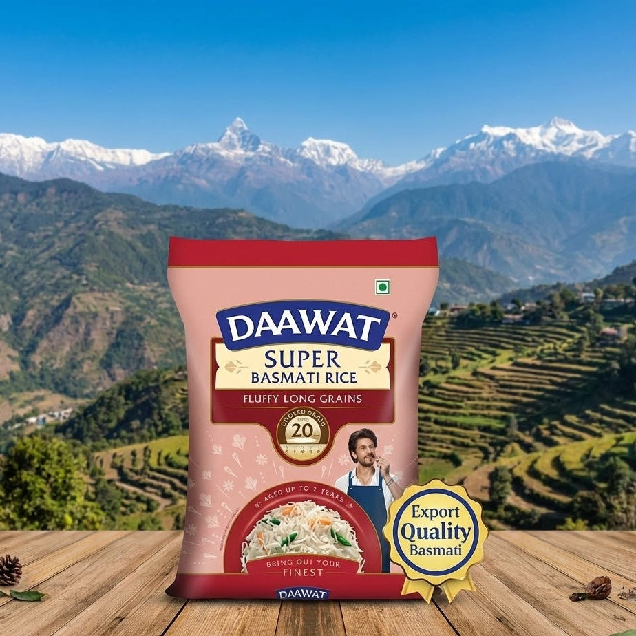DAWAT Super Basmati Rice package with a scenic mountain background
