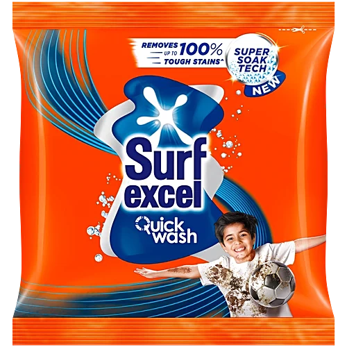 Surf Excel Quick Wash detergent packet with a child holding a soccer ball on an orange background