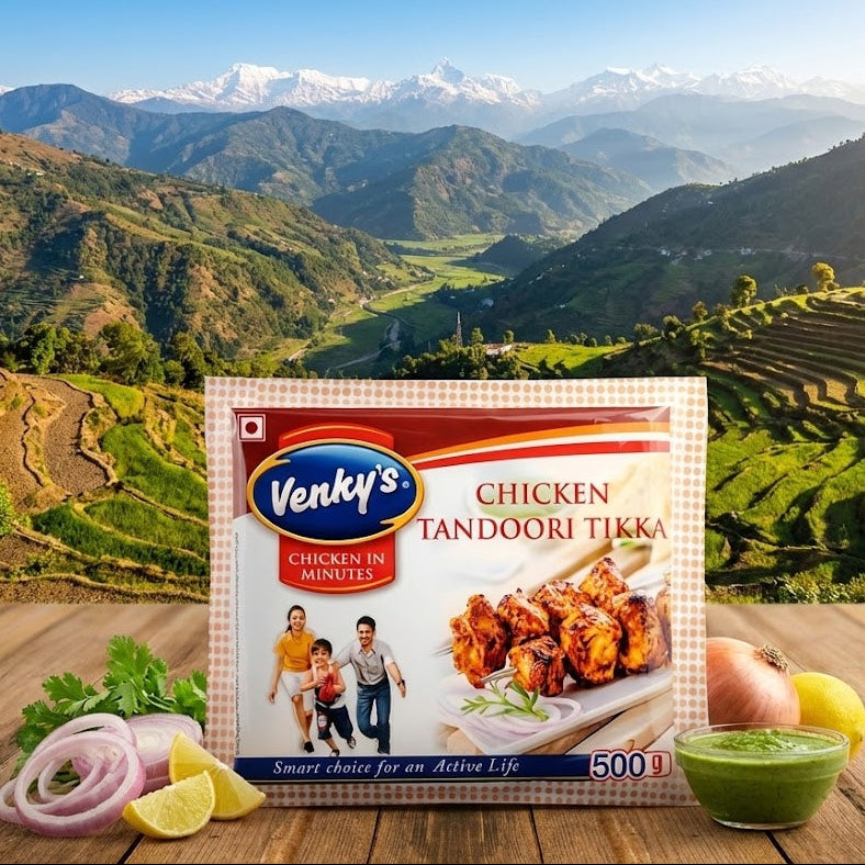 Venky's Chicken Tandoori Tikka spice mix packet with a scenic mountain background