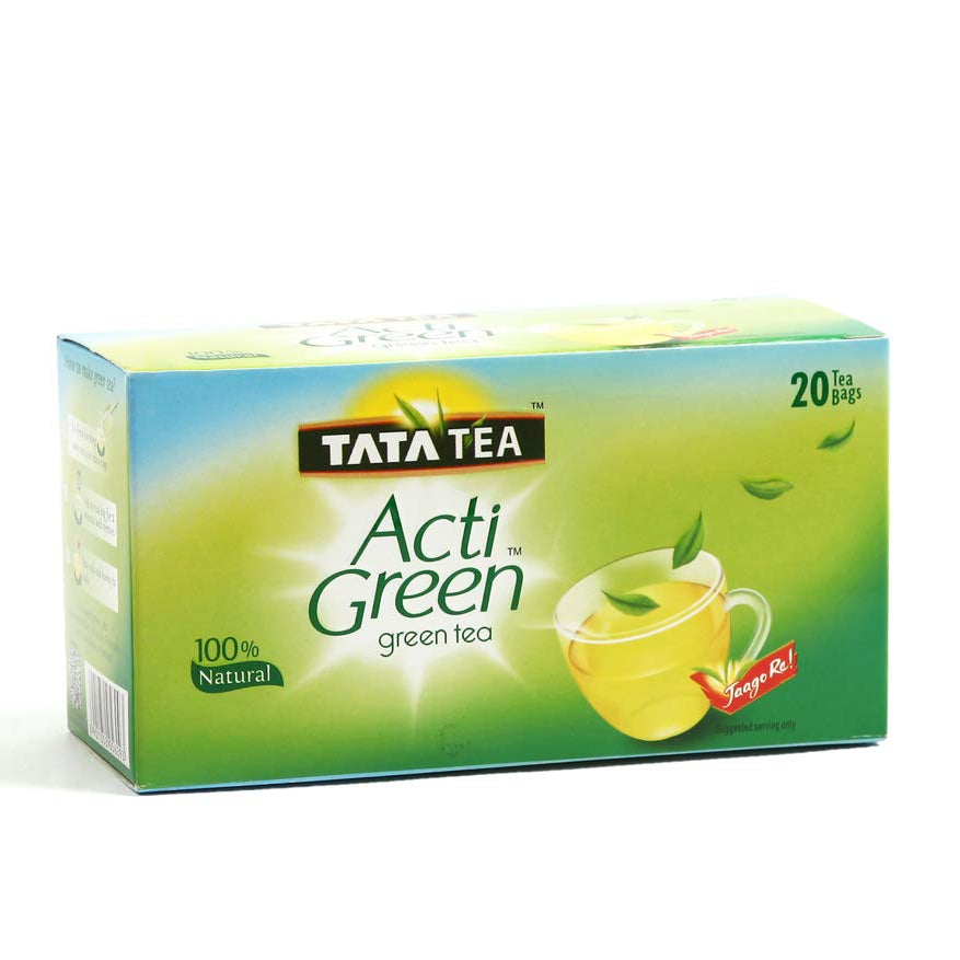 Box of Tata Tea Acti Green green tea on a white background