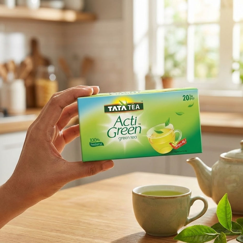 Hand holding a box of Tata Tea Acti Green tea with a cup and teapot on a table.