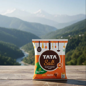 Tata Salt packet on a wooden surface with a mountainous landscape in the background