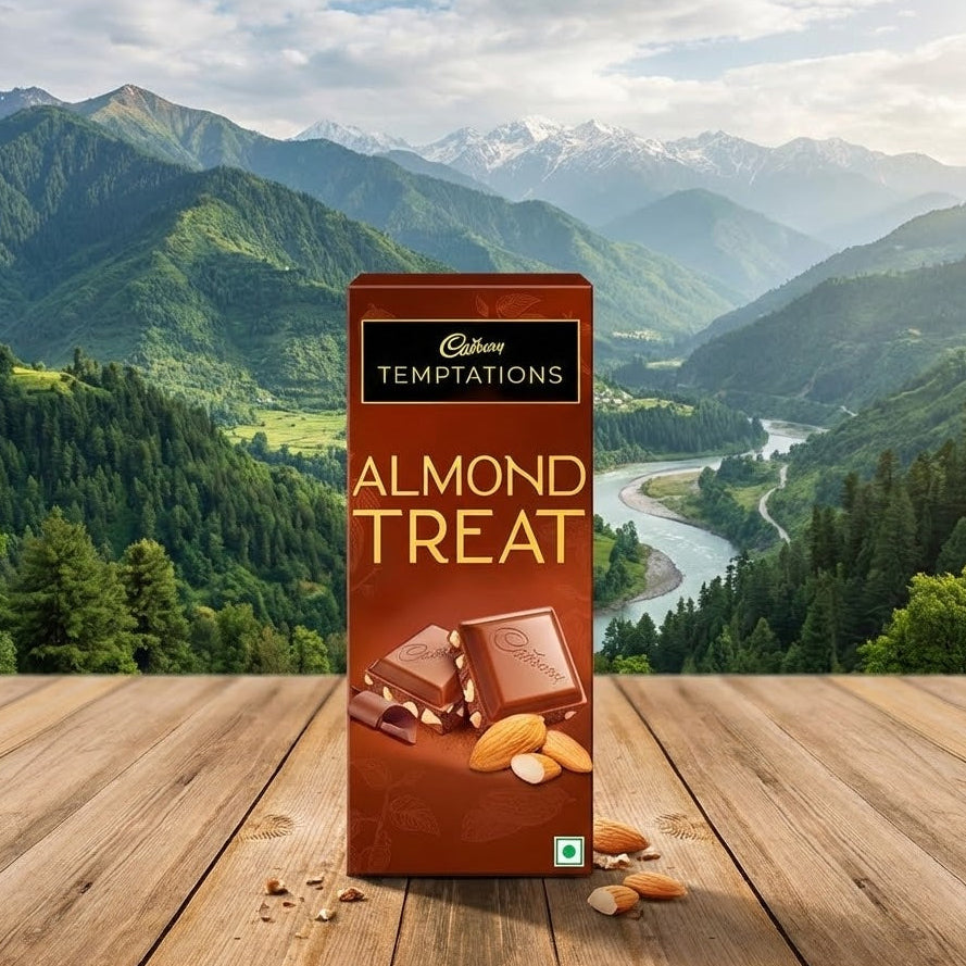 Cadbury Temptations Almond Treat chocolate box with a scenic mountain backdrop
