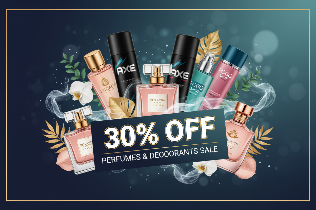 this image for perfumes and dio derent and we are giving 30% off on perfumes and dio and all the products from indain maket like bella vita, axe etc