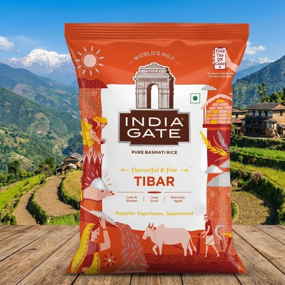 India Gate rice package with a scenic background of mountains and greenery