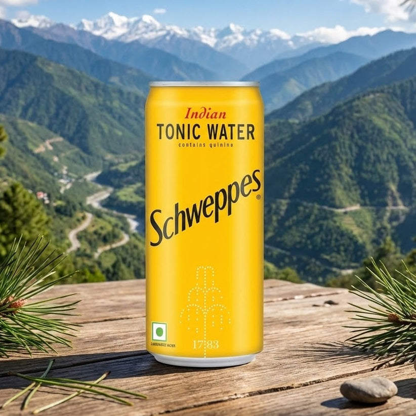 Schweppes Indian Tonic Water can with a mountainous landscape in the background