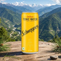 Schweppes Indian Tonic Water can with a mountainous landscape in the background