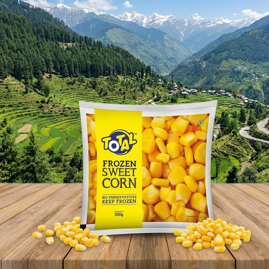 Tola Frozen Sweet Corn package with a scenic mountain background