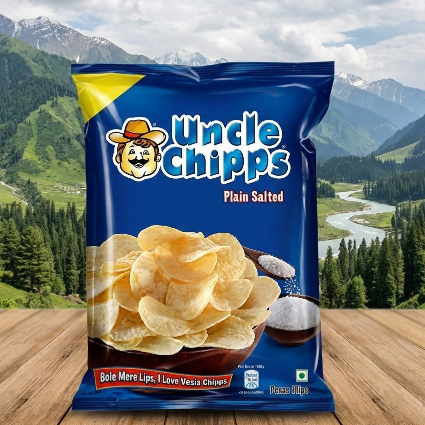 Uncle Chipps plain salted chips packaging with a mountainous landscape in the background