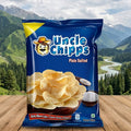 Uncle Chipps plain salted chips packaging with a mountainous landscape in the background