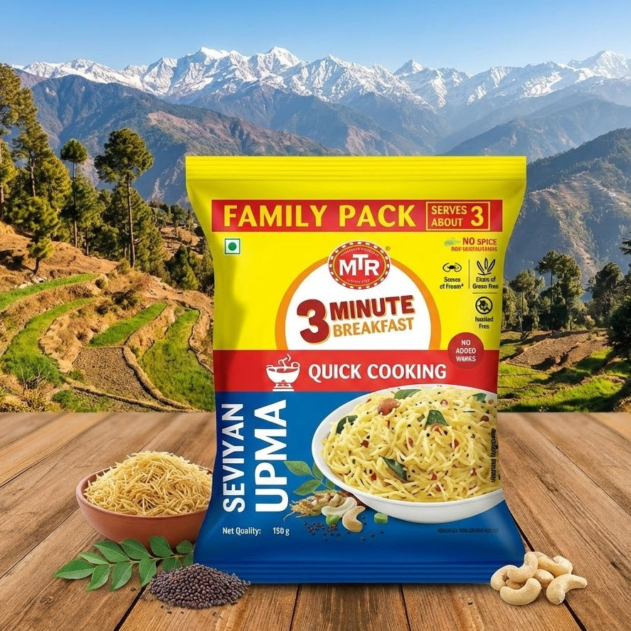 MTR Sevivian Upma package with a scenic mountain background