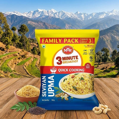 MTR Sevivian Upma package with a scenic mountain background