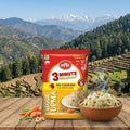 MTR Veggie Upma package with a scenic background of mountains and fields