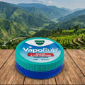 Vicks VapoRub jar on a wooden surface with a mountainous landscape in the background