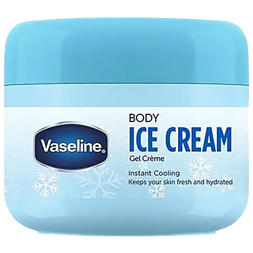 Vaseline Body Ice Cream Gel Creme container with blue lid and label on a white background