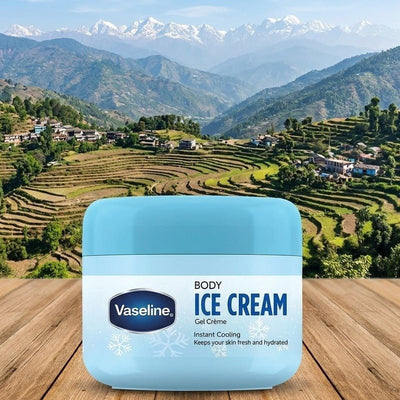 Vaseline body ice cream jar on a wooden surface with a mountainous landscape in the background